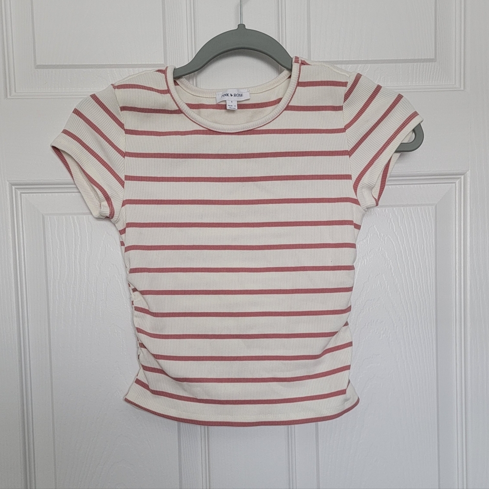 Pink Rose Juniors Cream & Pink Short Sleeve Baby Tee With Ruched Sides